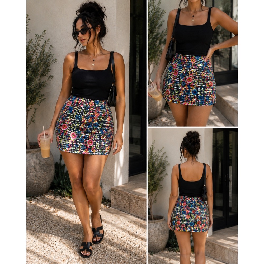 Attyre Petite Floral Gingham Scalloped Skort Black White Pink Size 12P 7P29592
